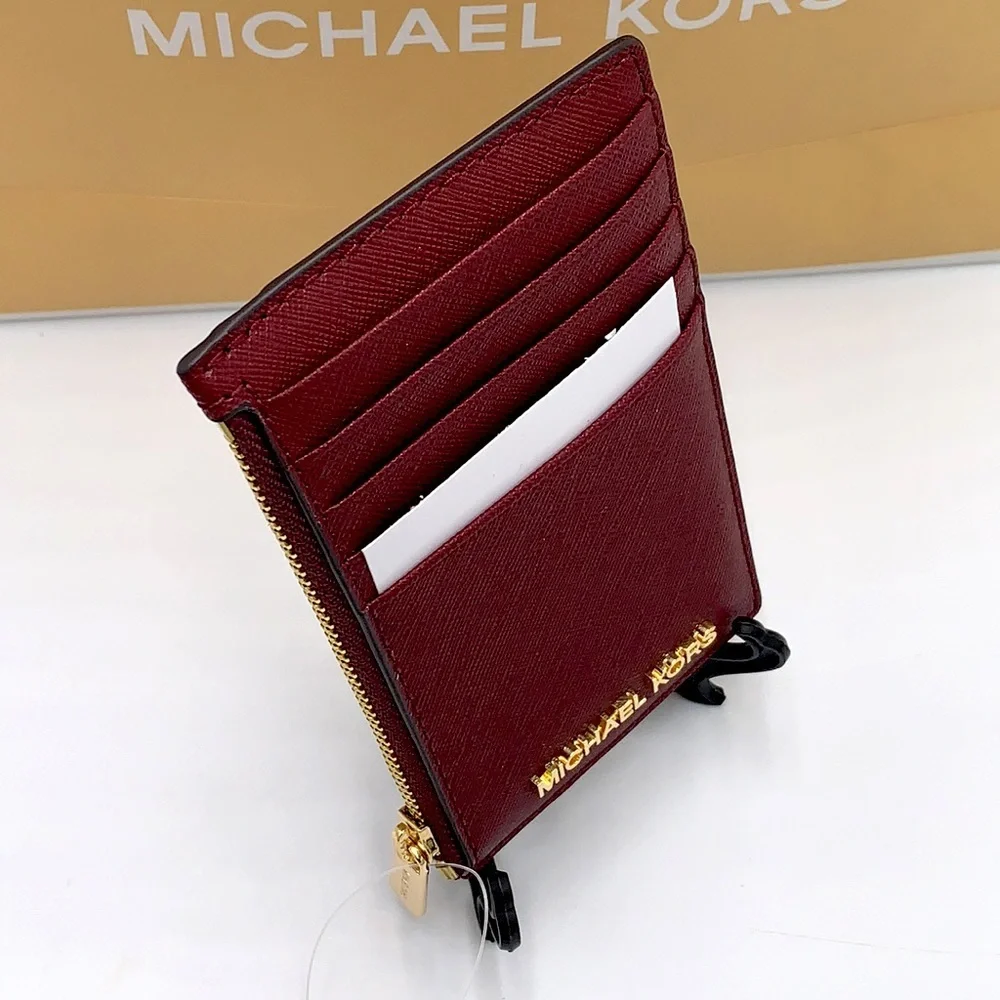 Michael Kors Jet Set Travel Medium Top Zip Card Case Wallet Dark Sherry color